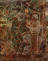 Amycus attaché à un arbre par Pollux, détail de la Ciste Ficoroni, de Palestrina, vers 320 av. J.-C.